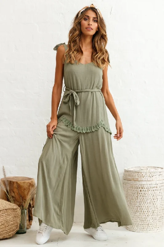 Printed women jumpsuits for a fun and casual day out shoppingTalitha Tie Strap Wide Leg Jumpsuit Khaki