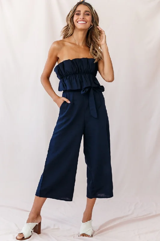 Women jumpsuits with beaded embellishments for a formal and fancy eventThea Ruffle Crop Top Jumpsuit Navy