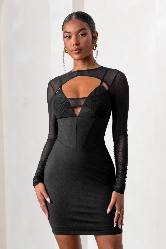 Ruffled Women Dress with Multiple Layers for a Playful and Girly StyleThis Moment | Black High Neck Cut Out Mini Dress With Mesh Sleeves