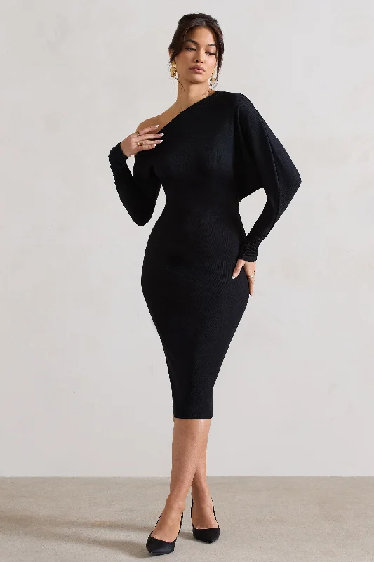 Sheath Women Dress with a Tailored Fit for a Professional LookThora | Black Rib Knit One-Shoulder Midi Dress