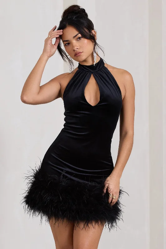 Halter Neck Women Dress to Show Off the Shoulders and NecklineTillie | Black Velvet High Neck Trapeze Mini Dress With Feather Hem Detail