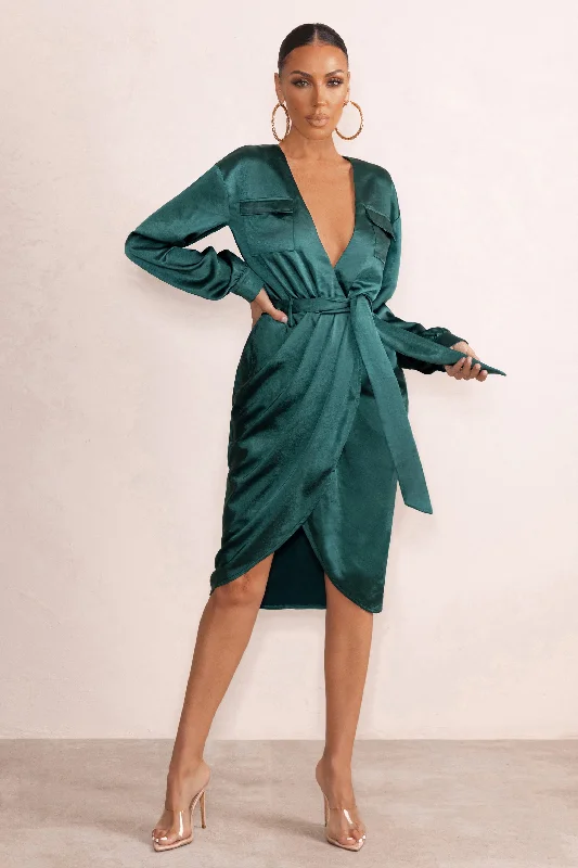 Printed Abstract Women Dress for a Modern and Artistic AppealTrue Romance | Bottle Green Satin Plunge Neck Midi Dress With Belt Detail