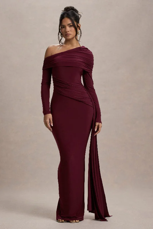 Lace - Embellished Women Dress for an Elegant and Sophisticated AppearanceValina | Burgundy Ruched Asymmetric Maxi Dress With Drape