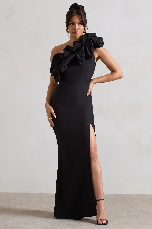 Off - the - Shoulder Women Dress for a Romantic and Feminine LookVienne | Black One Shoulder Ruffle Split Maxi Dress