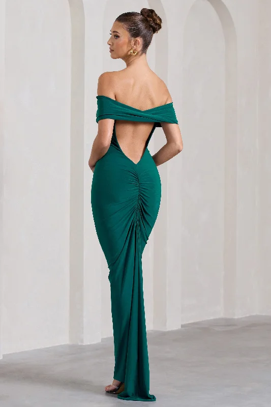 Ball Gown Women Dress with a Full Skirt for a Princess - like LookVivienne | Bottle Green Bardot Open-Back Maxi Dress