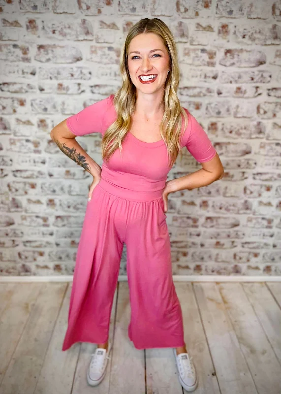 Women jumpsuits with asymmetric hems on the pants for a fashion - forward and dynamic lookMauve Wide Leg Short Sleeve Jumpsuit