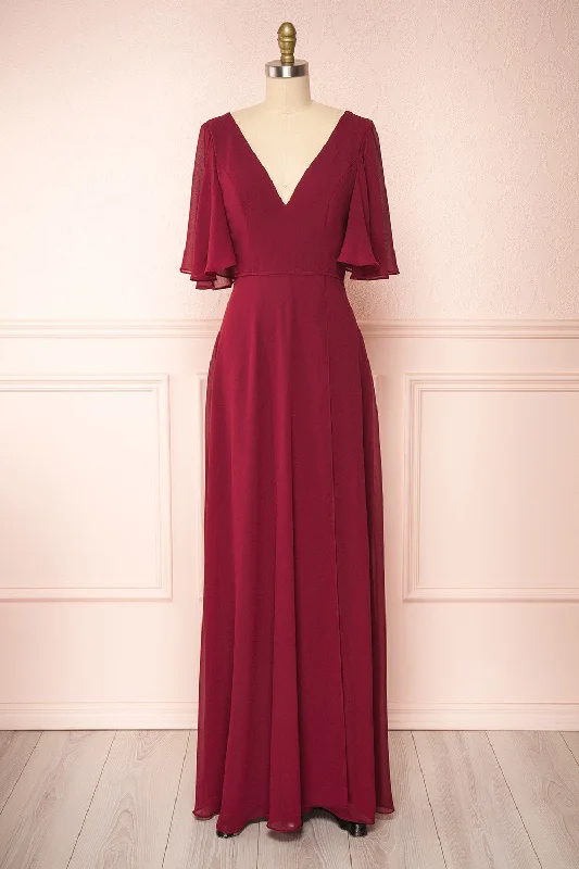 Midi dresses with fringe details for a fun and energetic styleAdelphia Burgundy | V-Neck Chiffon Maxi Dress