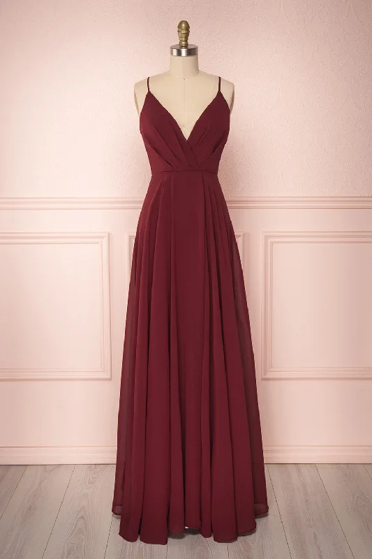 Midi dresses with pleated bodices for a classic and tailored lookAelis Burgundy | Pleated Plunging V-Neckline Gown