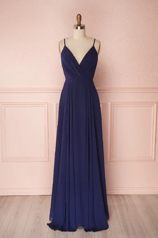 Midi dresses with lace - up fronts for a unique and adjustable styleAelis Navy | Pleated Plunging V-Neckline Gown