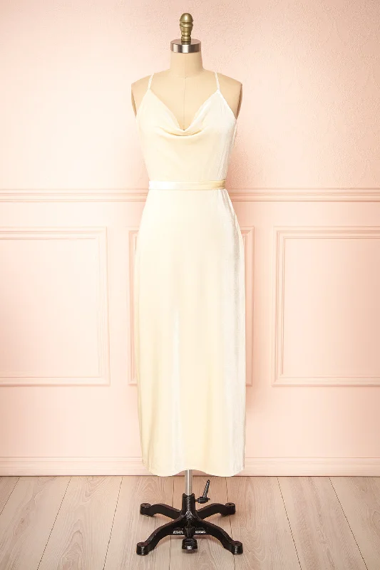 Midi dresses with side slits for a sexy and elegant appearanceAvianna | Ivory Velvet Cowl Neck Midi Dress