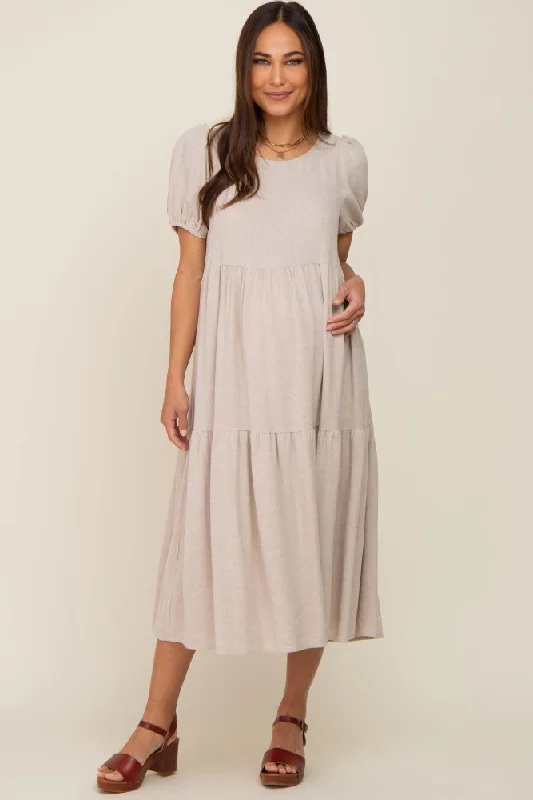 Midi dresses with satin - finish fabrics for a luxurious feelBeige Linen Short Sleeve Tiered Back Tie Maternity Midi Dress