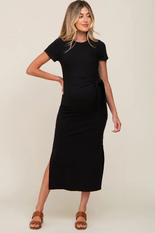 Midi dresses with cold - shoulder cutouts for a trendy styleBlack Front Tie Side Slit Maternity Midi Dress