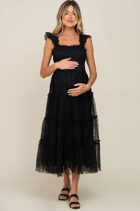 Midi dresses with button - front designs for a classic touchBlack Smocked Mesh Ruffle Accent Maternity Midi Dress