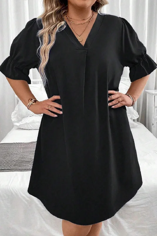 Midi dresses with belted waists to accentuate the figureRuffle Puff Sleeve V-Neck Dress Plus Size