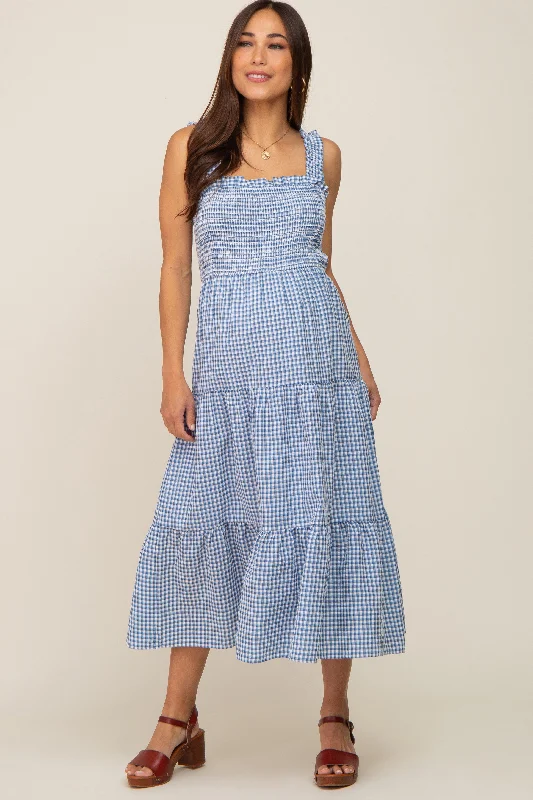 Midi dresses with mesh inserts for a trendy and breathable optionBlue Gingham Smocked Tiered Maternity Midi Dress