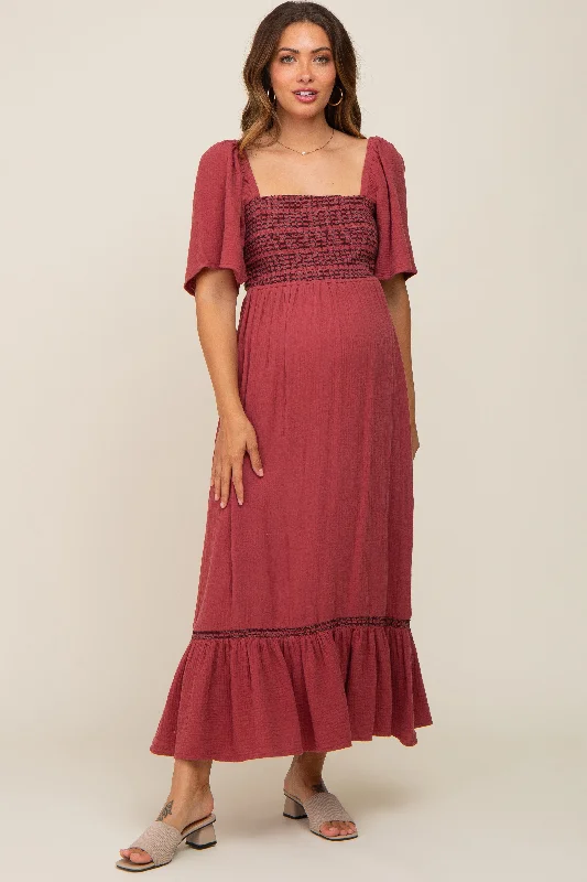 Midi dresses with geometric cutouts for a contemporary and edgy lookBurgundy Embroidered Smocked Square Neck Open Back Maternity Midi Dress