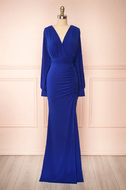 Midi dresses with puff sleeves for a vintage - inspired lookCassidy Blue | Plunging Neckline Mermaid Maxi Dress