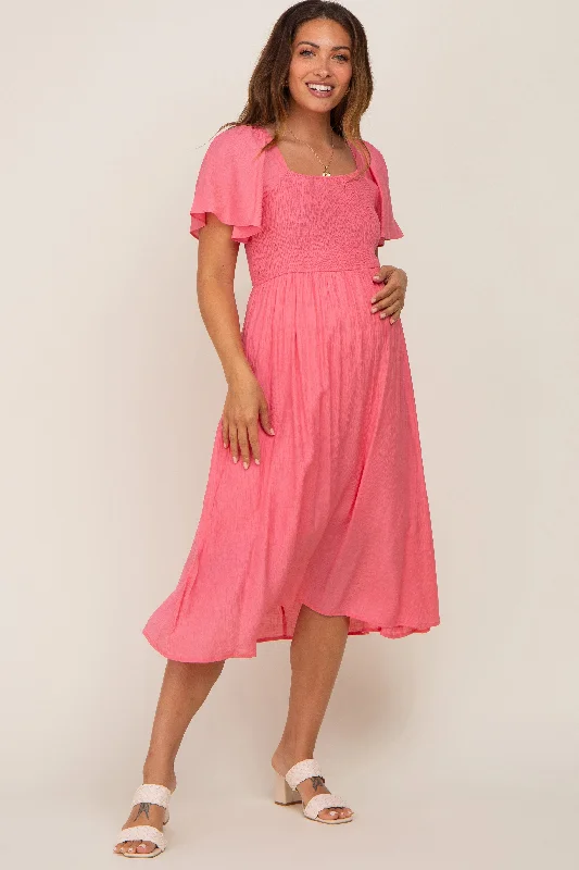 Wrap - style midi dresses in silk for a sophisticated office lookCoral Smocked Square Neck Flutter Short Sleeve Maternity Midi Dress