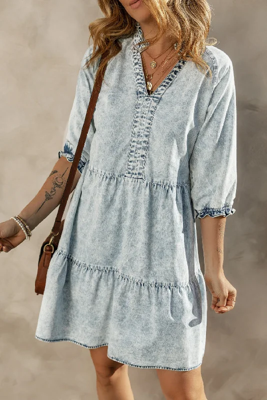 Midi dresses with mesh inserts for a trendy and breathable optionDenim Acid Wash Tiered Dress