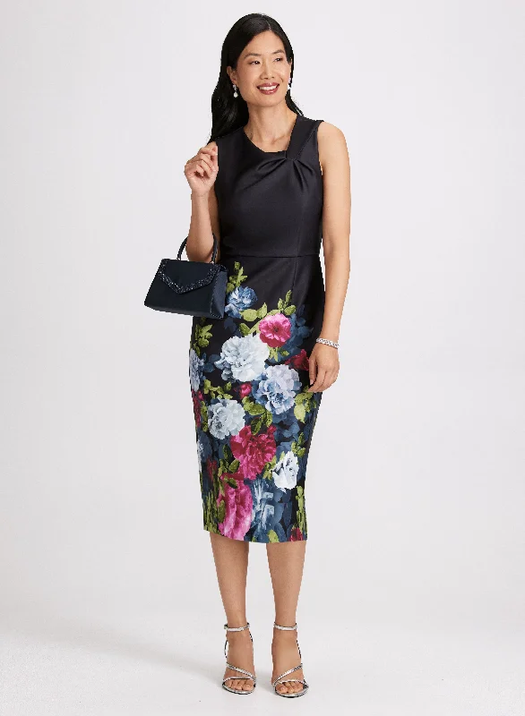 Midi dresses with one - shoulder designs for a modern and asymmetric styleFloral Twist-Neck Sheath Dress