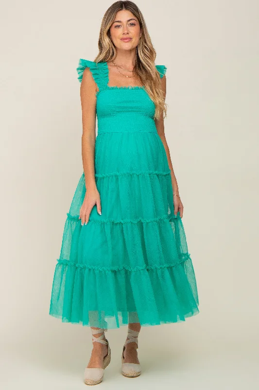 Midi dresses with ruffled sleeves for a more feminine and voluminous lookJade Smocked Mesh Ruffle Accent Maternity Midi Dress