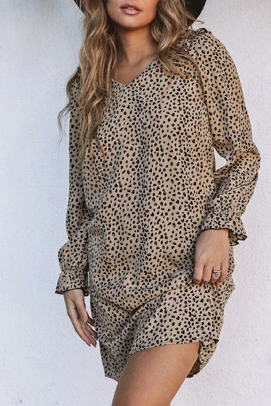 Midi dresses with button - down skirts for a unique and functional designLeopard Flounced Long Sleeve Dress