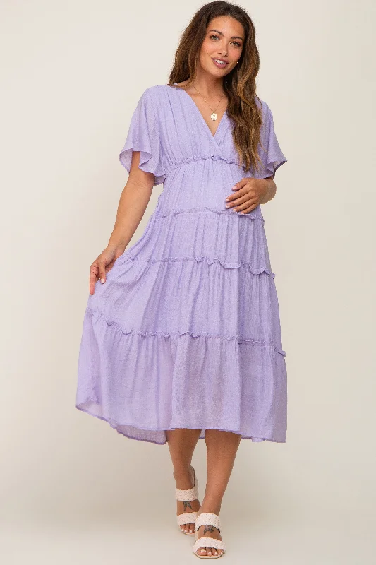 Midi dresses with button - down skirts for a unique and functional designLavender Ruffle Tiered V-Neck Maternity Midi Dress