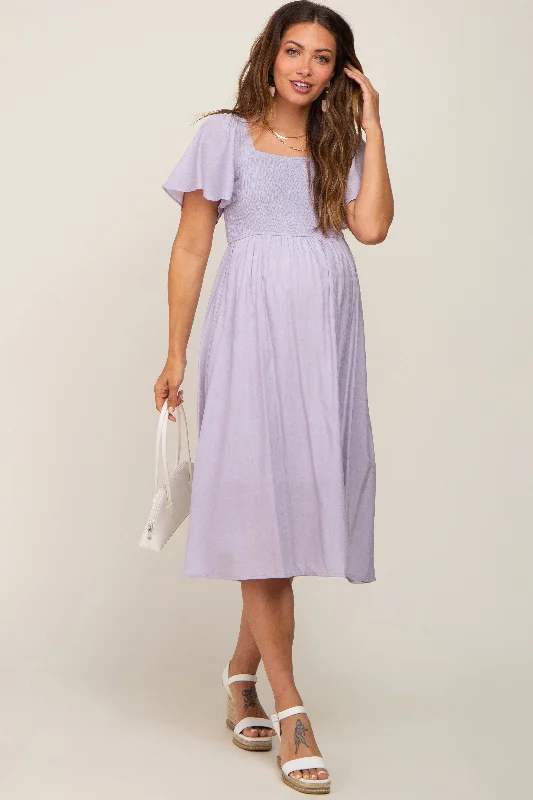 Midi dresses with embroidered accents for a unique and detailed designLavender Smocked Square Neck Flutter Short Sleeve Maternity Midi Dress