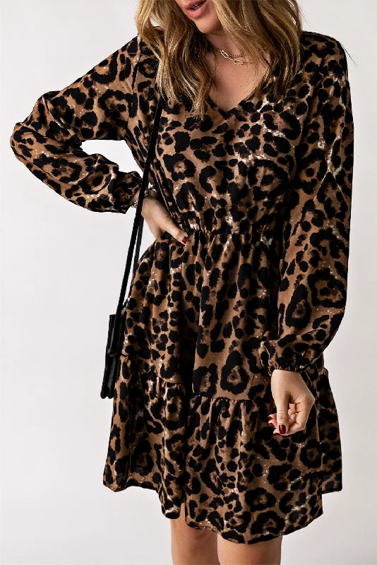 Midi dresses with ruffled hems for a romantic date nightLeopard Ruffle Long Sleeve Dress