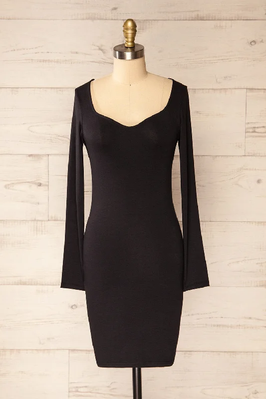 Midi dresses with ruffled bodices for a more pronounced feminine lookLorient Black | Long Sleeve Short Fitted Dress