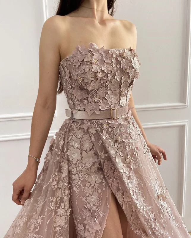 Midi dresses with keyhole backs for a flirty and unexpected detailLovely Petals Embroiderd Gown