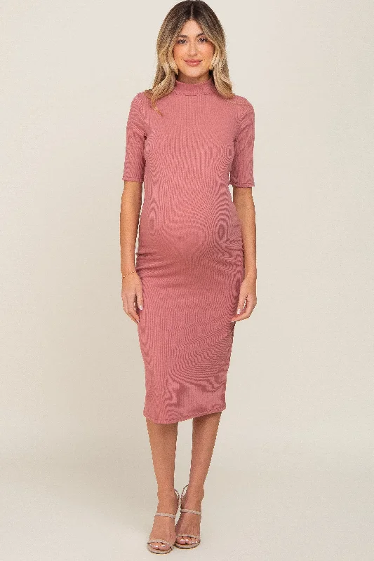 Midi dresses with geometric cutouts for a contemporary and edgy lookMauve Ribbed Mock Neck Maternity Midi Dress