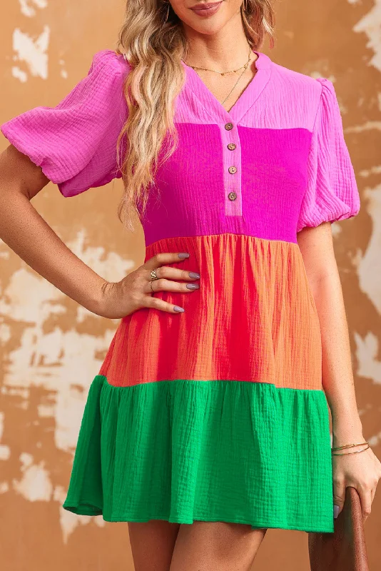 Midi dresses with fringe details for a fun and energetic styleColorblock Tiered Puff Sleeve Dress