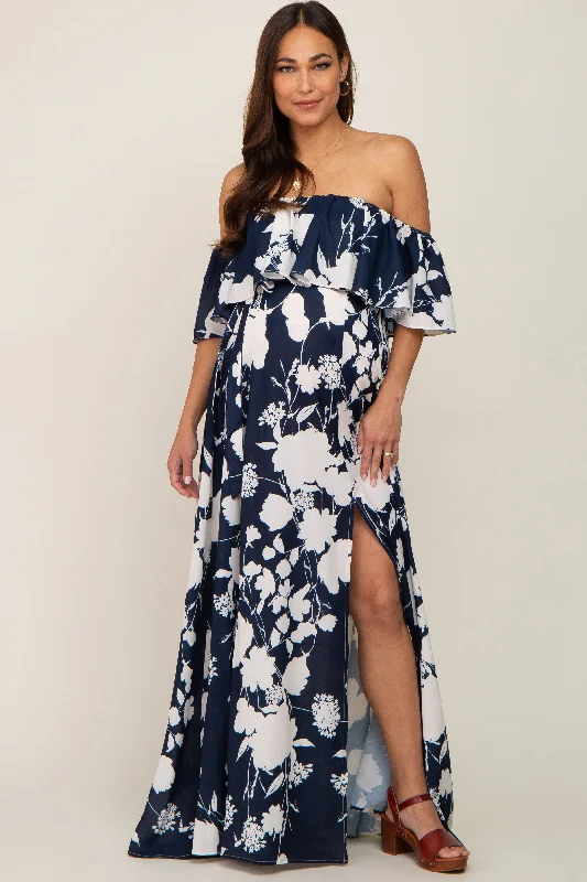 Midi dresses with tiered skirts for a bohemian festival lookNavy Blue Floral Overlay Off-Shoulder Side Slit Maternity Maxi Dress