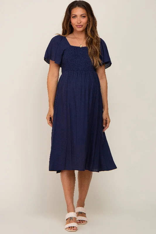 Midi dresses with pleated bodices for a classic and tailored lookNavy Blue Smocked Square Neck Flutter Short Sleeve Maternity Midi Dress