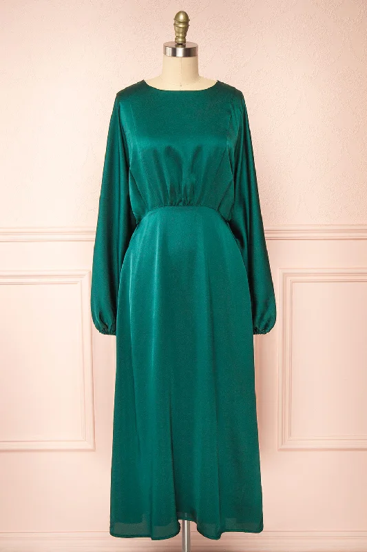 Midi dresses with gathered skirts for a full and flowing silhouetteReneane Green | Long Sleeve Midi A-Line Dress