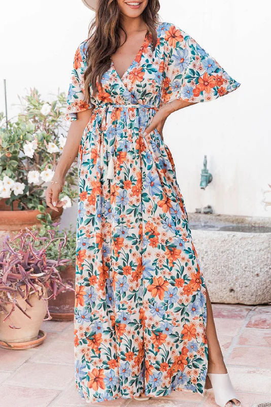 Midi dresses with lace - up fronts for a unique and adjustable styleFloral Wrap Belted Maxi Dress