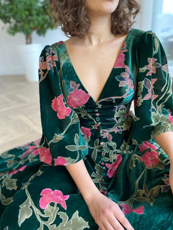 Midi dresses with embroidered accents for a unique and detailed designTeal Blossoming Gown