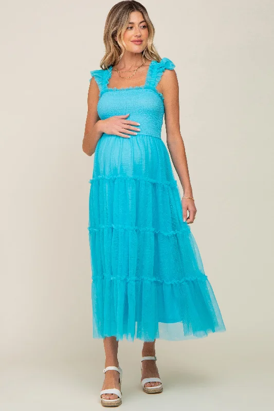 Midi dresses with wrap - around skirts for a customizable fitTurquoise Smocked Mesh Ruffle Accent Maternity Midi Dress