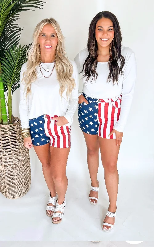 Women's Ruffled Hem Denim Shorts in Light Wash for a Feminine and Fashionable StyleAmericana Flag High Rise Fray Hem Denim Shorts (REG/CURVY) | Judy Blue - Final Sale