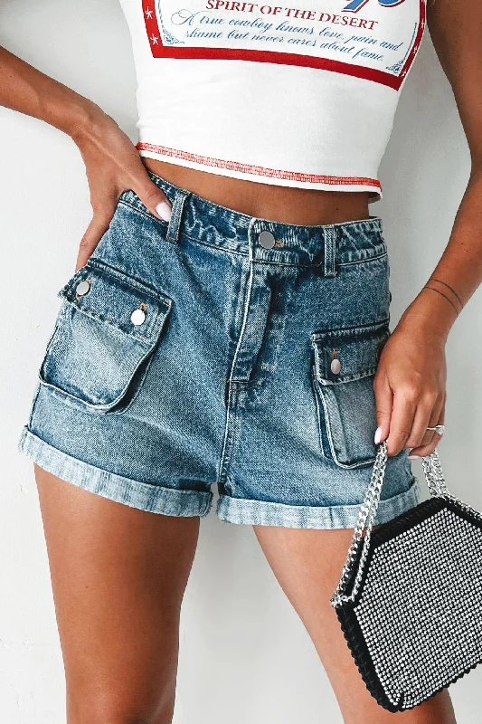 Plus Size Women's Denim Shorts with a Button - Fly in Dark Indigo for a Durable and Timeless StyleKade Denim Cargo Shorts (Washed Denim)