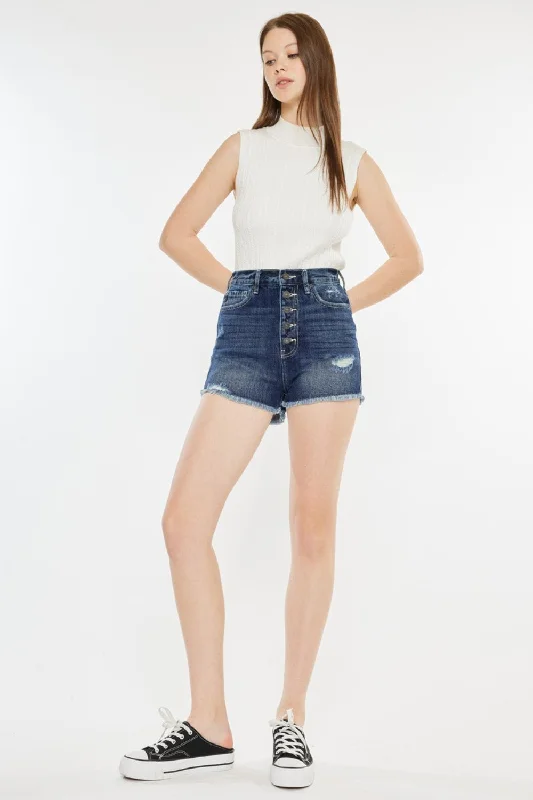 Women's Leather - Look Faux Leather Shorts in Black for an Edgy and Bold AppearanceKancan Raw Hem Button Fly Denim Shorts