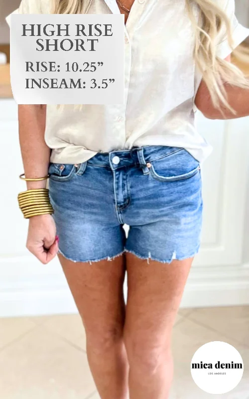 High - Waisted Plus Size Women's Denim Shorts with Distressed Details for a Trendy LookThe Acadia High Rise Cut Off Denim Shorts | Mica - Final Sale