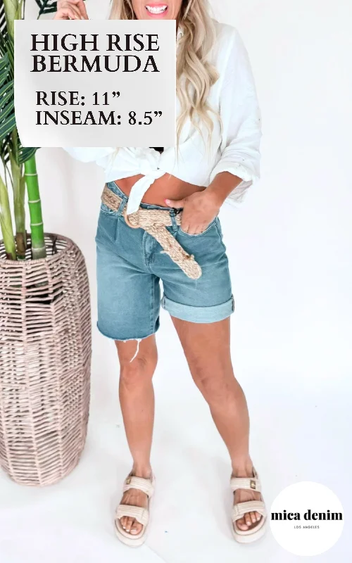 Women's High - Rise Paperbag Waist Shorts in Khaki for a Stylish and Comfortable LookThe Gemma High Rise Pleated Bermuda Denim Shorts | MICA - Final Sale