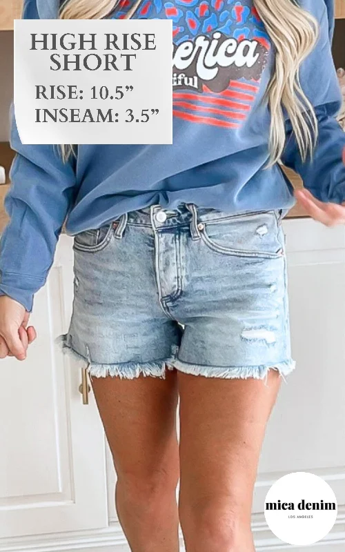 Women's Ruffled Hem Denim Shorts in Light Wash for a Feminine and Fashionable StyleThe LJ High Rise Denim Shorts | Mica**DEAL-COUPON EXCLUDED