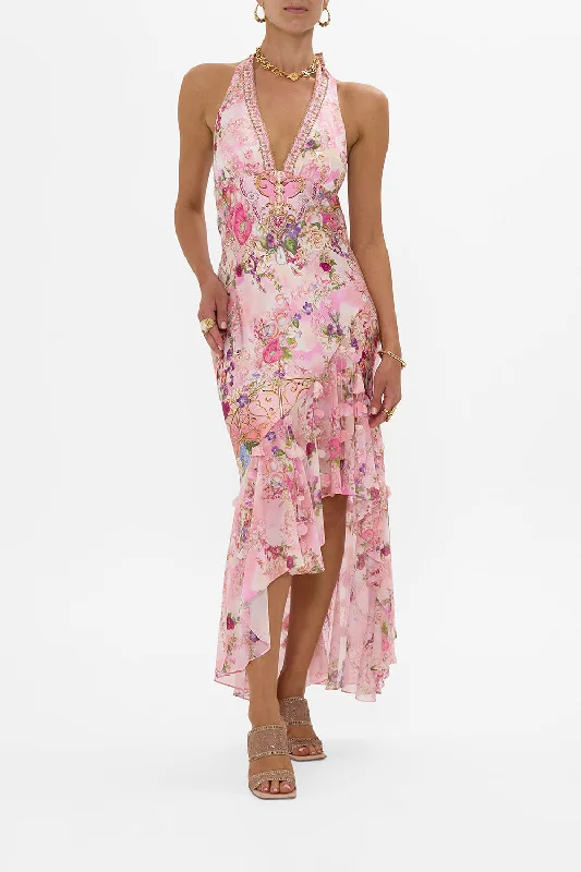 Maxi dresses with cut - out details on the sides for a modern edgeBIAS HALTER DRESS WITH RUFFLE HEM TOTALLY OZMOPOLITAN