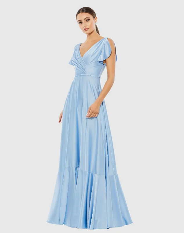 Maxi dresses with a keyhole back for a sexy detailFlounce Sleeve Satin Gown