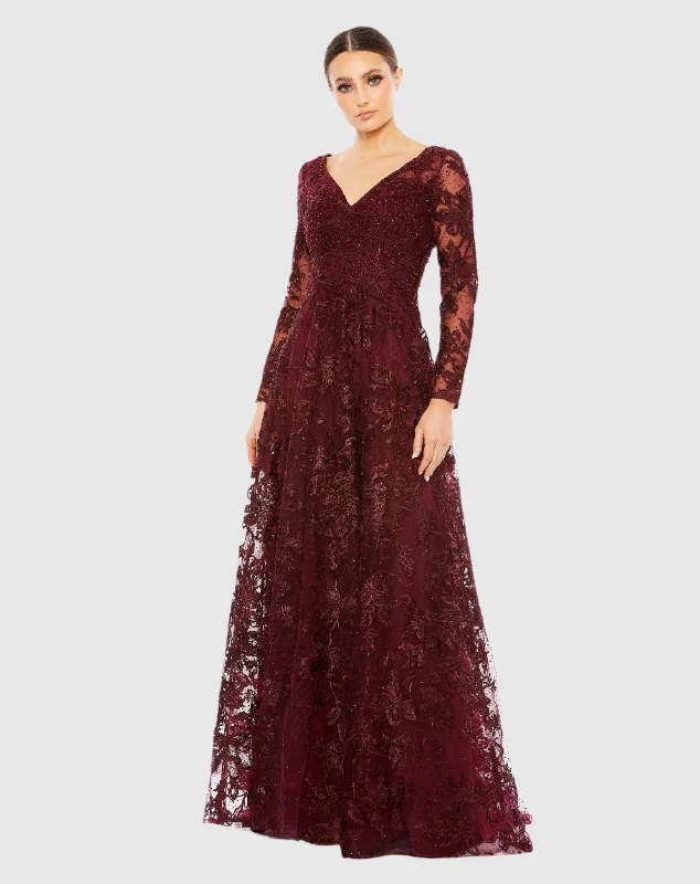 Maxi dresses with a belted empire waist for a more defined and flattering silhouetteEmbellished Illusion Long Sleeve V Neck Gown