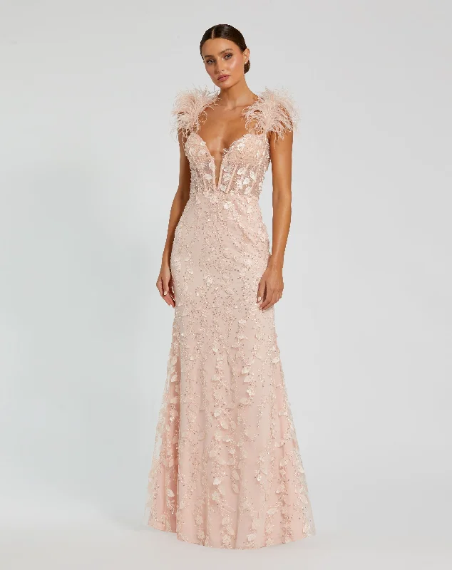 Maxi dresses with a gathered skirt for a voluminous and dramatic effectPink Sheer Applique Bustier Gown with Feather Straps