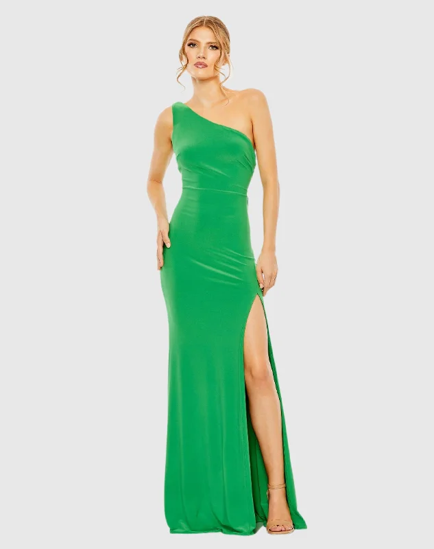 Maxi dresses with a wrap - around style for a customizable fitGreen Jersey One Shoulder Draped Back Gown